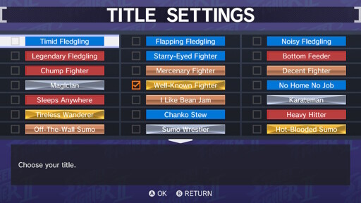 The title settings screen, with all titles unlocked
