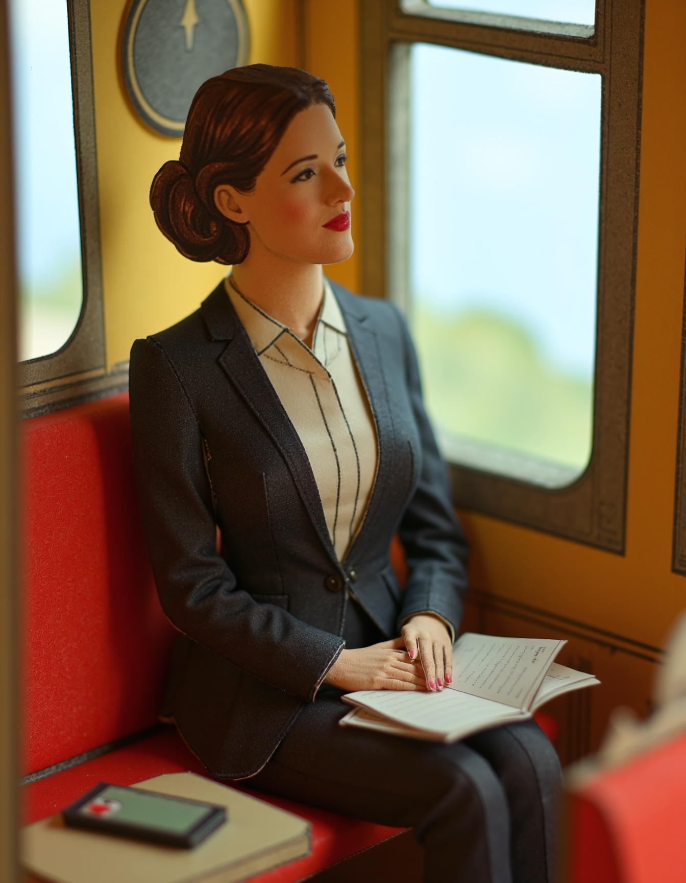 A paper diorama of a woman dressed in a professional dark suit sitting on a red seat inside a train. She is holding a book in her lap, gazing absentmindedly out of a window. The train compartment has yellow walls and windows that offer a view of a blurred, green landscape outside. A phone and a notebook are placed on the seat beside her. 