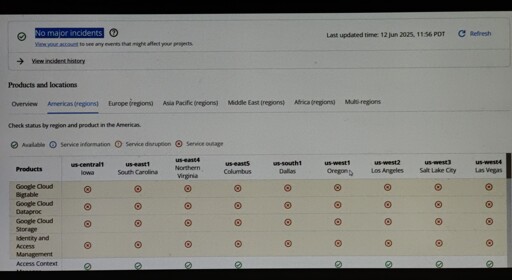 Google status page says "no major incidents" and lists several service outages in all regions.