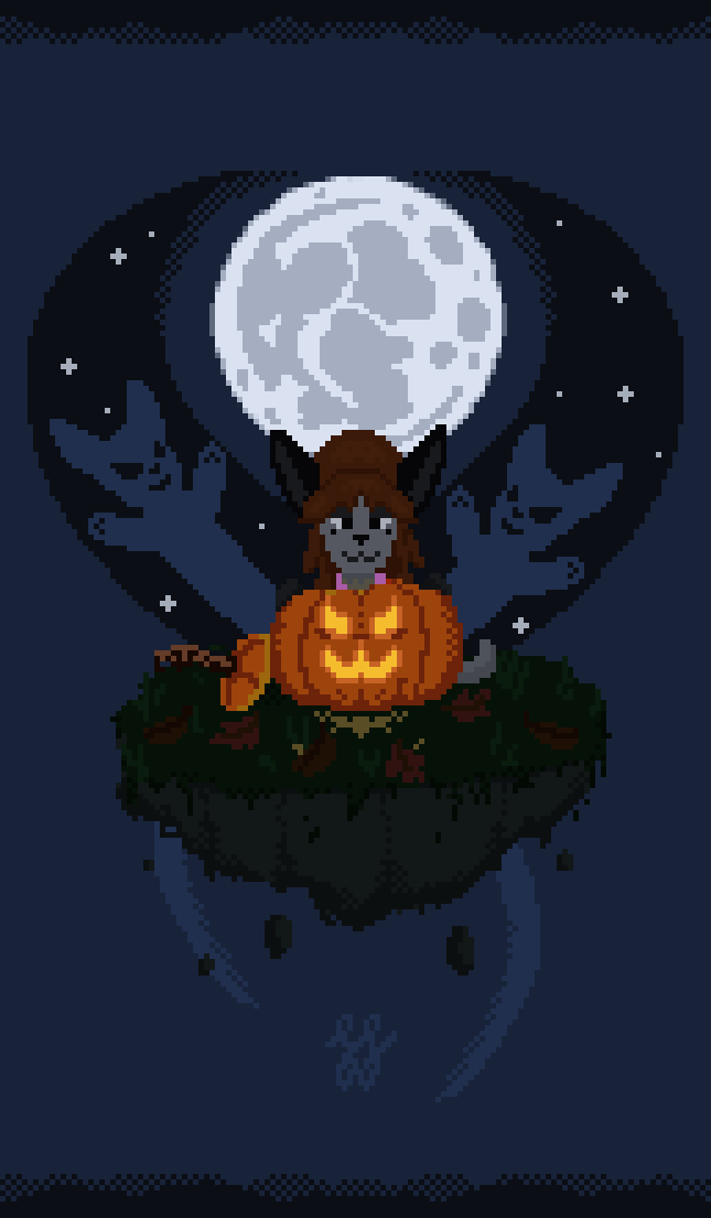 A pixel art rendition of Kate, an anthro gray house-cat with long, brunette hair. She has part of her hair in a beehive, bangs, and the rest falling behind and over her shoulder. She has a smile and half open eyes, with a single pixel showcasing her bags under them. She's looking downward into an open jack-o-lantern, the carved off top of the pumpkin being on your left, leaning on the pumpkin's side. The pumpkin has an evil smile, its glow slightly illuminating the grass around the base. There are red and brown leaves scattered about the grass, and you notice paranormal events are forming around Kate!   The ground where she sits has been ripped from the earth and is floating in the night sky, and smaller chunks of dirt are seen in free fall. Two eerie cat ghosts encircle the island, both with evil grins, and dark auras which reveal stars behind them. These auras are in the shape of horns, which are close together, and wrap around a full moon directly behind and above Kate. 