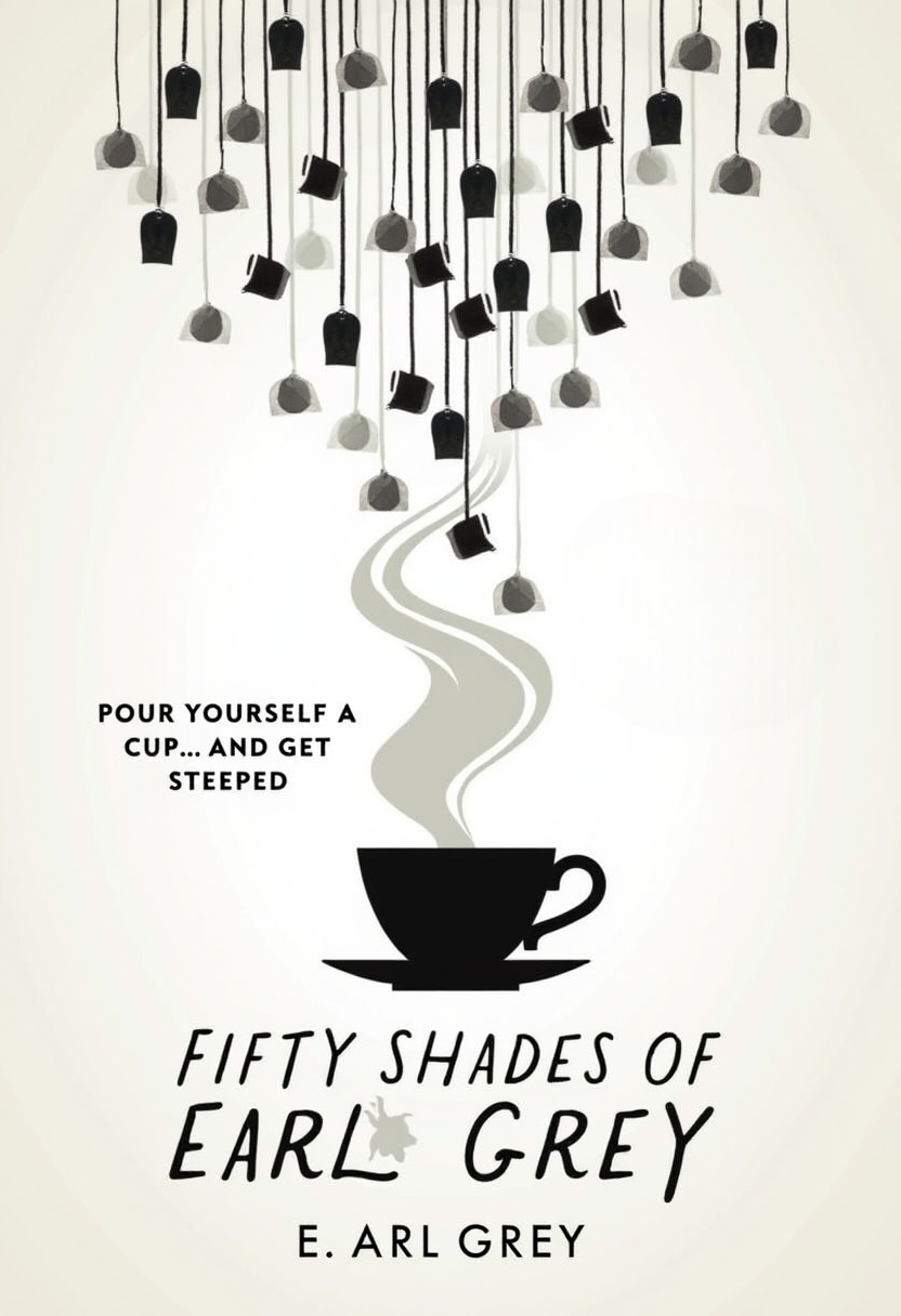 A book cover with a central black cup from which a wisp of steam rises, twisting upwards. Above the cup, numerous black tea bags are suspended from strings that descend from the top edge of the image. The text on the image reads: “POUR YOURSELF A CUP… AND GET STEEPED” next to the cup and “FIFTY SHADES OF EARL GREY” at the bottom in larger font with an author name “E. ARL GREY” just below it.