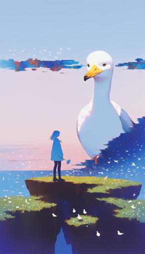 An abstract artwork depicting a figure in a blue coat standing on a floating rocky outcrop, gazing up at an enormous seagull that towers over them. The colossal bird, rendered in soft whites and pale blues with an orange-yellow beak, observes the tiny human with calm, dark eyes. The scene unfolds against an abstract seascape where pink sky plays host to blue tears in space, while smaller gulls soar in the distance. White birds dot the ground, some seemingly floating in midair. 