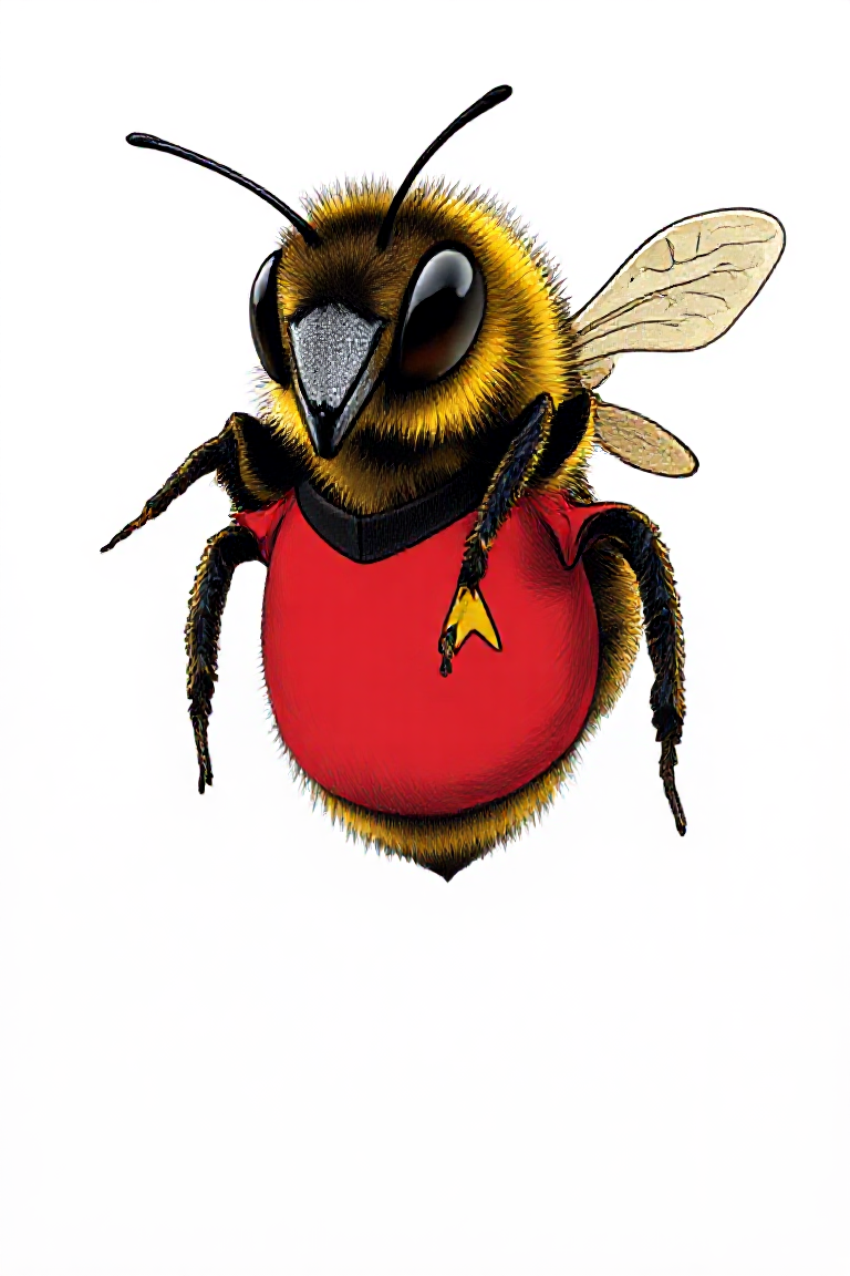 A bee wearing a Star Trek red shirt uniform