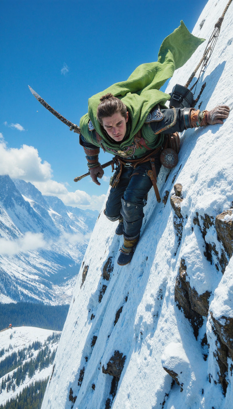 A man dressed in elaborate, medieval-style clothing, scaling a steep, snow-covered mountain. The background features a breathtaking view of snow-capped mountains under a clear blue sky, adding to the dramatic and adventurous atmosphere of the scene