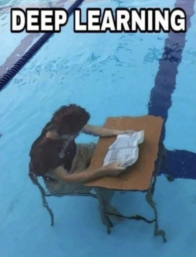 Young man sitting at desk, reading a book. They are both at the bottom of a large swimming pool. Picture is captioned: "Deep Learning."