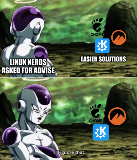 Two-panel meme. In the first panel the character ("Linux nerds asked for advise") is approached by three icons representing GNOME, KDE, and Cinnamon, labeled "Easier Solutions". In the second panel, the character dismisses these options with the text "I'll ignore that".