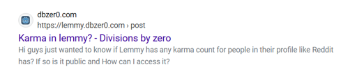 A bing search result with a  link to dbzer0. Weirdly, the icon is the godot logo. 